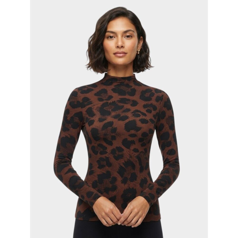 Naked Wardrobe Dark Leopard Print Mock Neck Long Sleeve Top Small